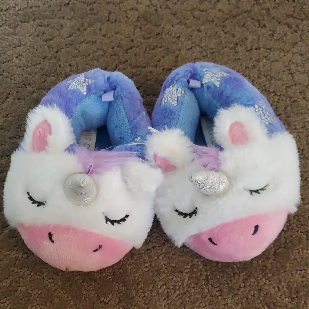 Toddler Girls Falls Creek Plush Unicorn Slippers Size 5/6 7/8 Stars Horn NWT
